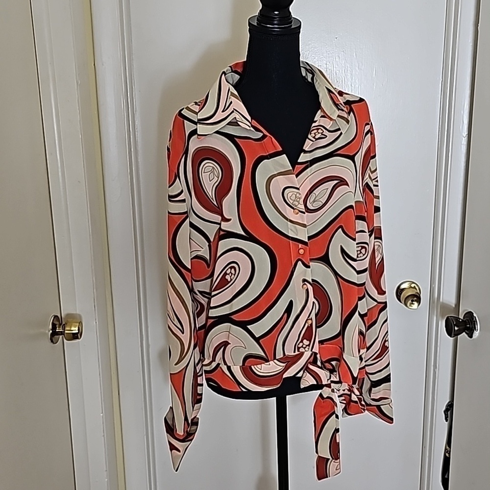 New York & Company Orange Retro Pattern Long Sleeve  Blouse Size XL